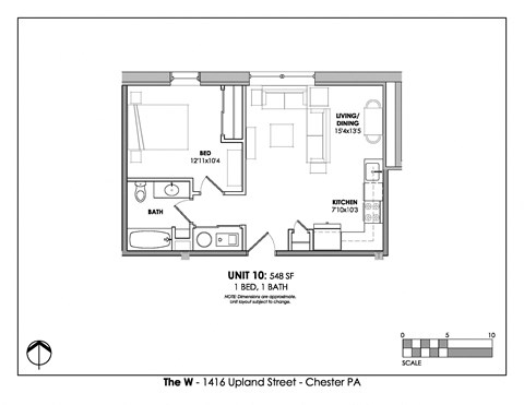 Floor plan for 1 bed, 1 bath, 569 sqft